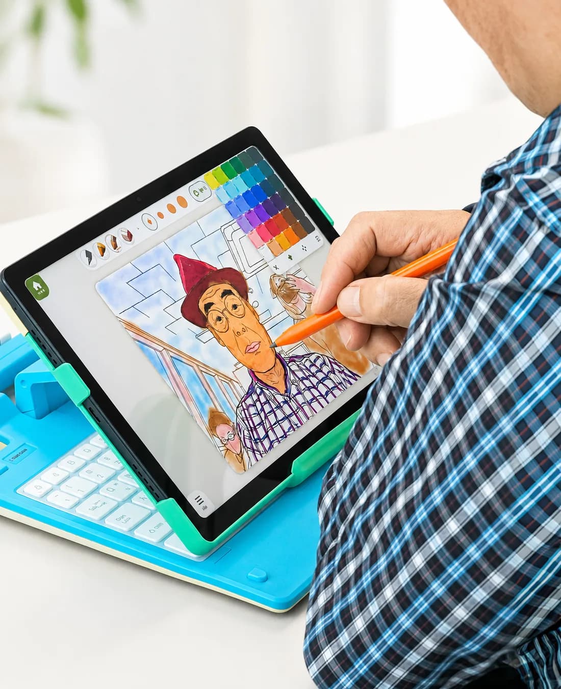 A senior coloring a neighborhood scene on a tablet