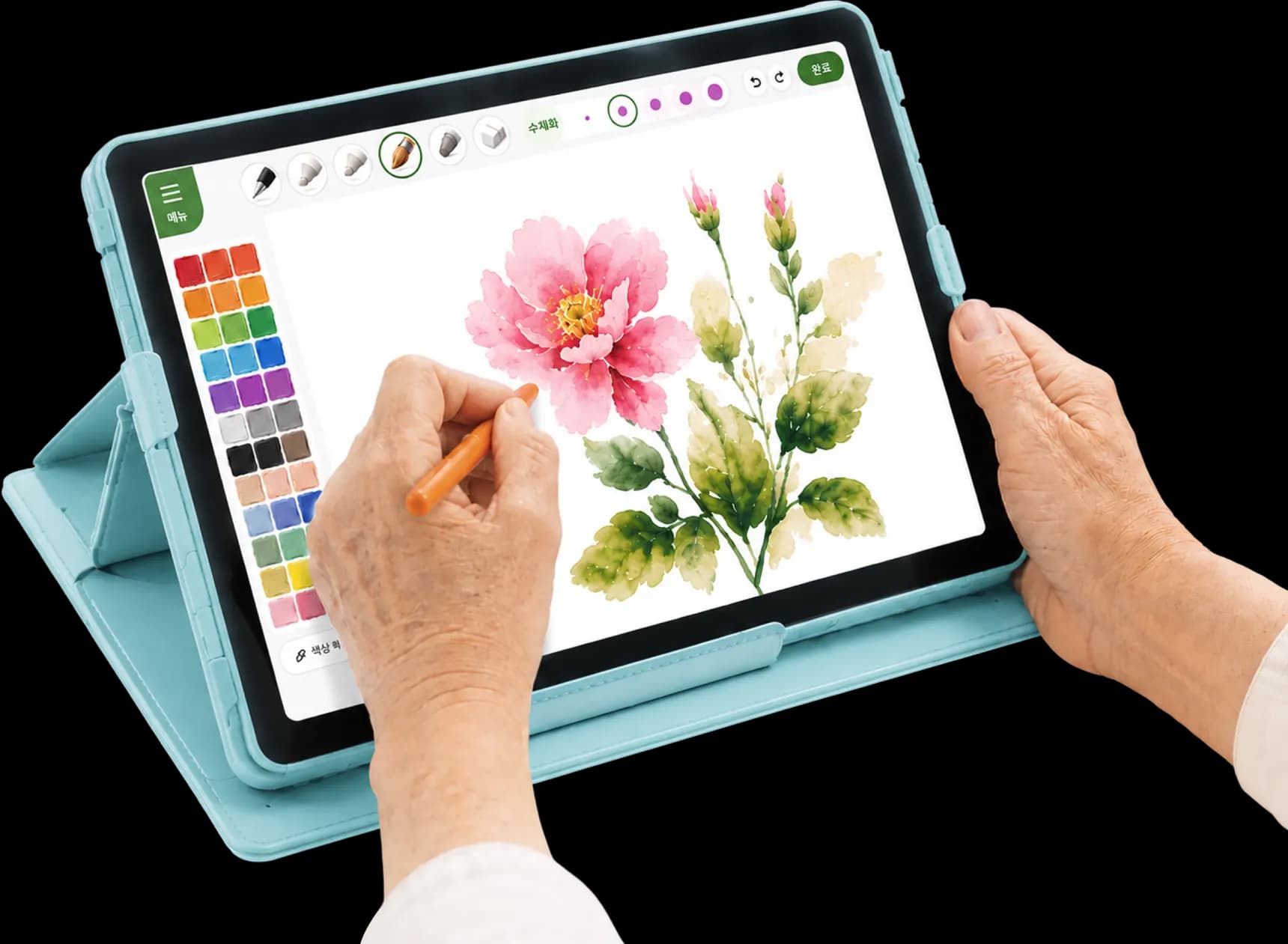 A senior's hands painting watercolor flowers on a tablet